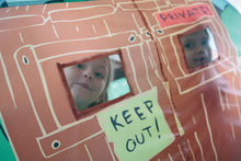 Treehouse play tent front panel with “KEEP OUT!” sign and window; child peeking through