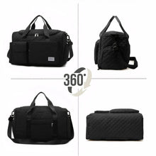 Black quilted duffel bag shown from multiple angles with side straps and padded handles