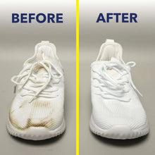 Laundry whitener before-and-after on white sneakers