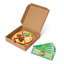 Pizza play set in box with wooden pizza base, toppings, and activity cards