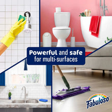 Mop with purple handle and cleaner bottle used for multi-surface cleaning