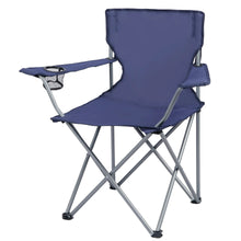 Folding camp chair angled view with dark blue seat and attached cup holder