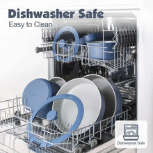 Navy and gray ceramic pots and pans in a dishwasher rack, with detachable handles.