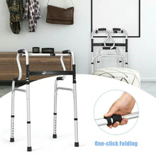 Medical mobility walker with arm supports and front lever for folding, silver frame.