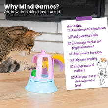 Purple interactive cat toy with clear dome and bird, touch-activated ball track base