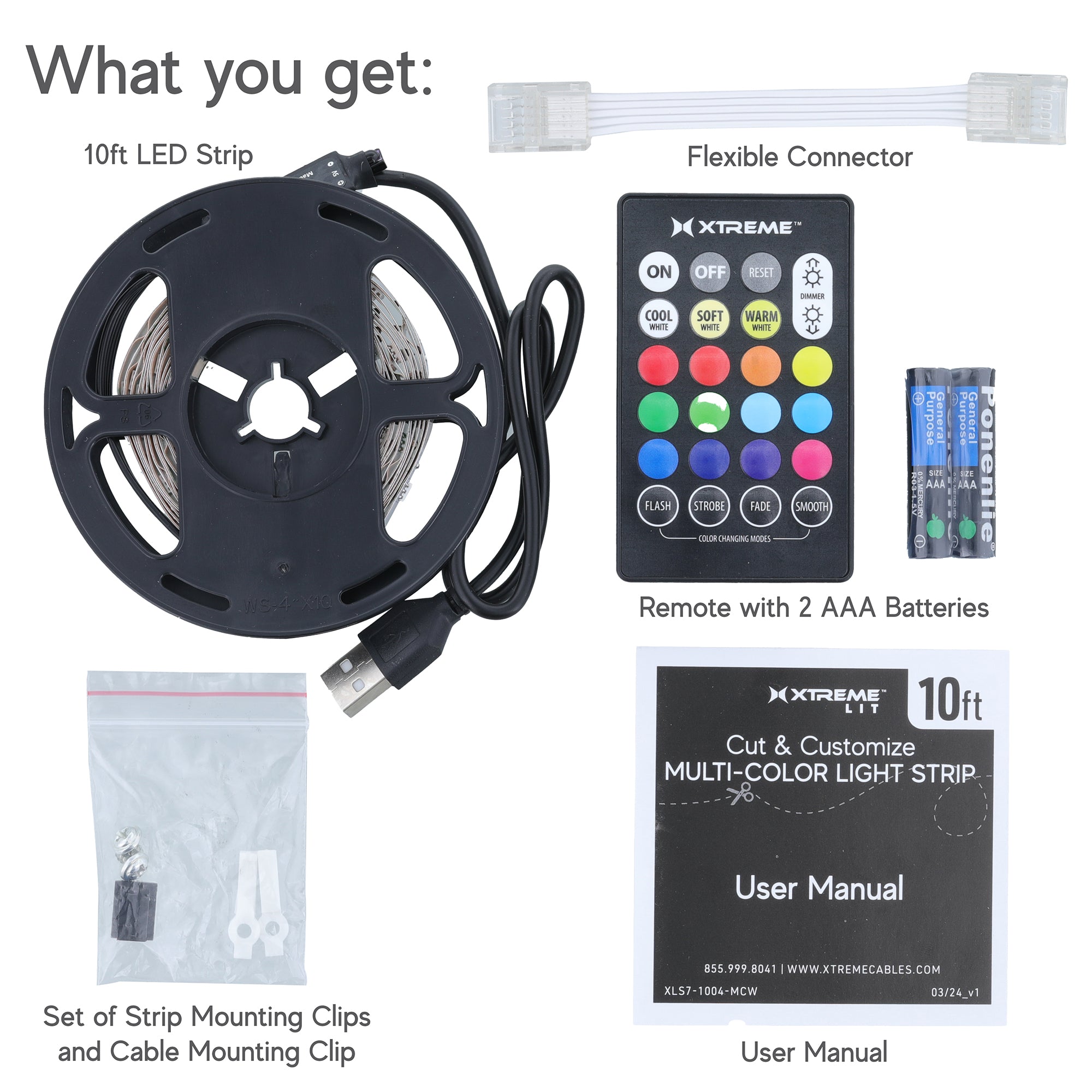 Xtreme Lit 10ft Indoor LED Strip Lights Kit, Multicolor LED Lights forBedroom, Accent Lighting, Cuttable, Remote Control