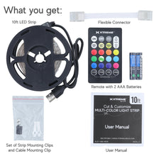 LED strip kit contents: 10ft strip, flexible connector, remote, clips, and manuals