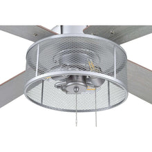 Ceiling fan light globe with metal grille and pull chains beneath