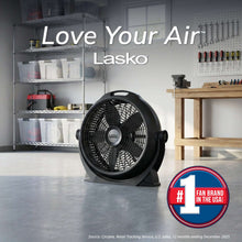 Black 20-inch floor fan with circular grille and sturdy base standing indoors