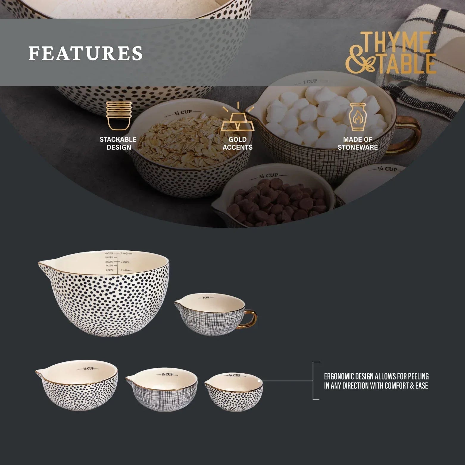 Thyme & Table, 5-Piece Ceramic Mixing Bowl and Measuring Bowl Set, Dot Pattern