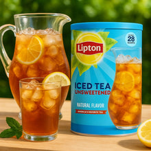 Lipton unsweetened iced tea mix canister with glasses of iced tea and lemons