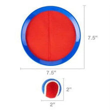Red toss-and-catch disc with blue rim, viewed from above.