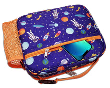 Insulated lunch bag with purple space print and orange zipper, padded handles, crossbody strap