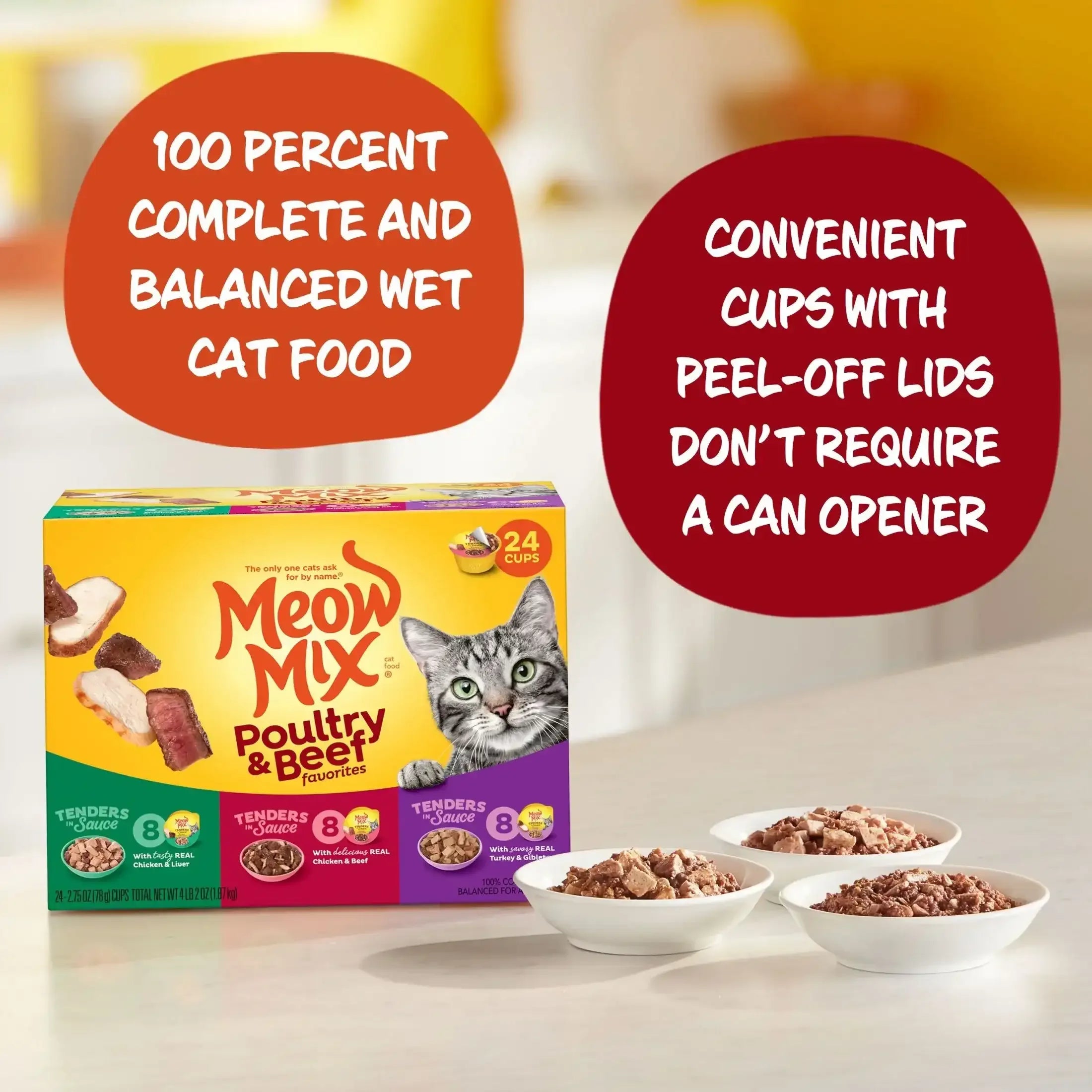 Meow Mix Tender Favorites Poultry & Beef Variety Pack, Wet Cat Food, 2.75 oz Cup - USA MEGA SHOP
