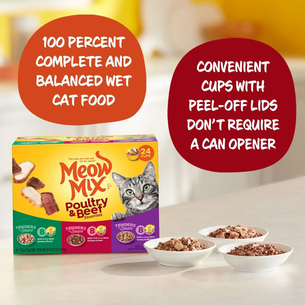 Meow Mix Tender Favorites Poultry & Beef Variety Pack, Wet Cat Food, 2.75 oz Cup - USA MEGA SHOP