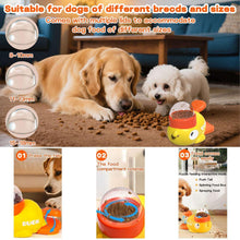 Duck-shaped dog feeder toy with multiple clear lids for different kibble openings