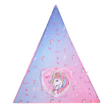 Unicorn teepee tent canopy panel in pastel blue with pink trim and unicorn emblem