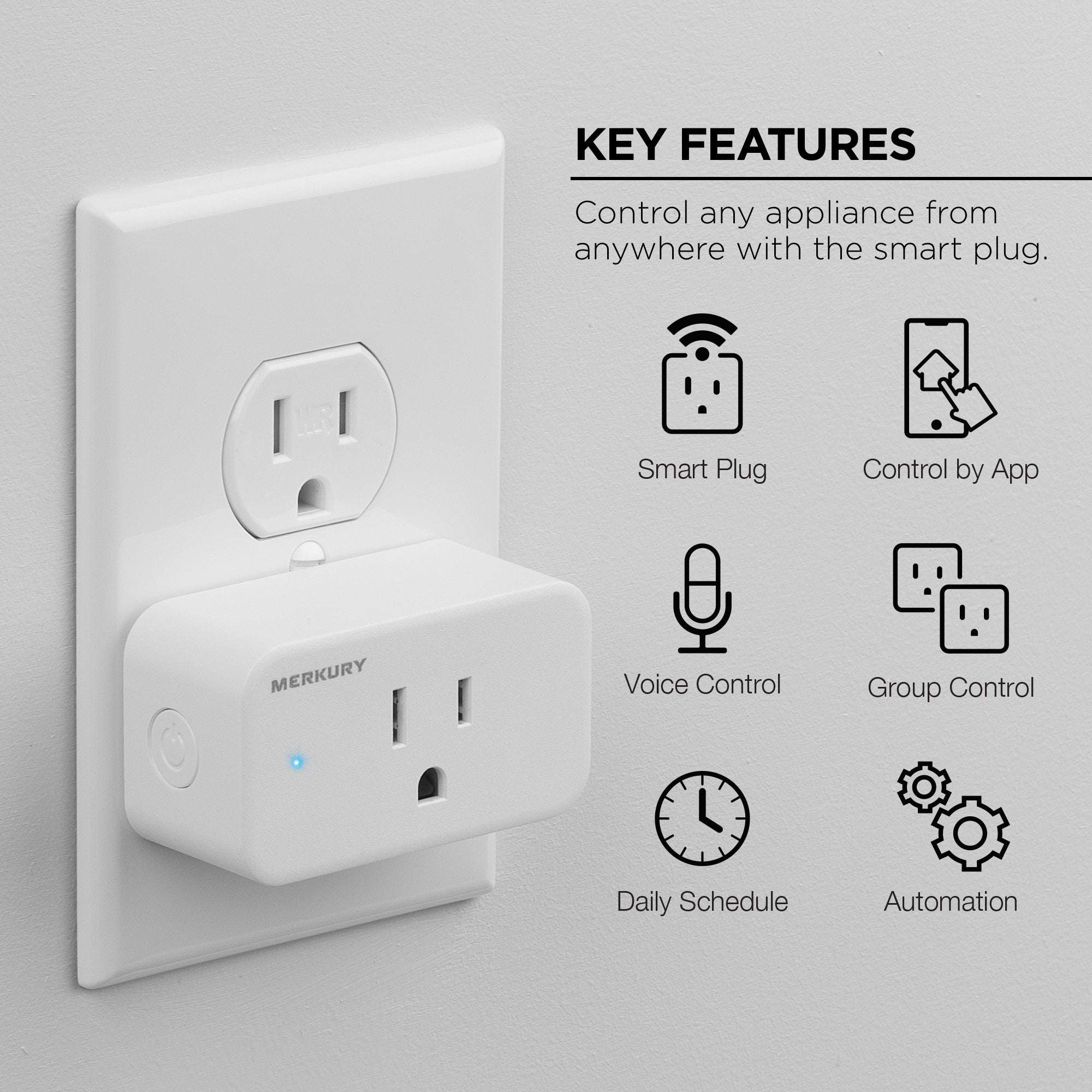 Merkury Smart Wi-Fi Plug - Smart Outlet Compatible with Alexa & Google, White (3-Pack)