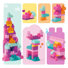 Stacked toy block towers in pink, teal, purple, and orange