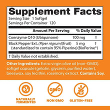 Supplement Facts label for Coenzyme Q10 (Ubiquinone), serving size 1 softgel