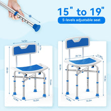 Blue shower chair seat with height adjustment hardware and perforated footplate