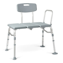 Gray shower chair transfer bench with contoured backrest and side arm handles