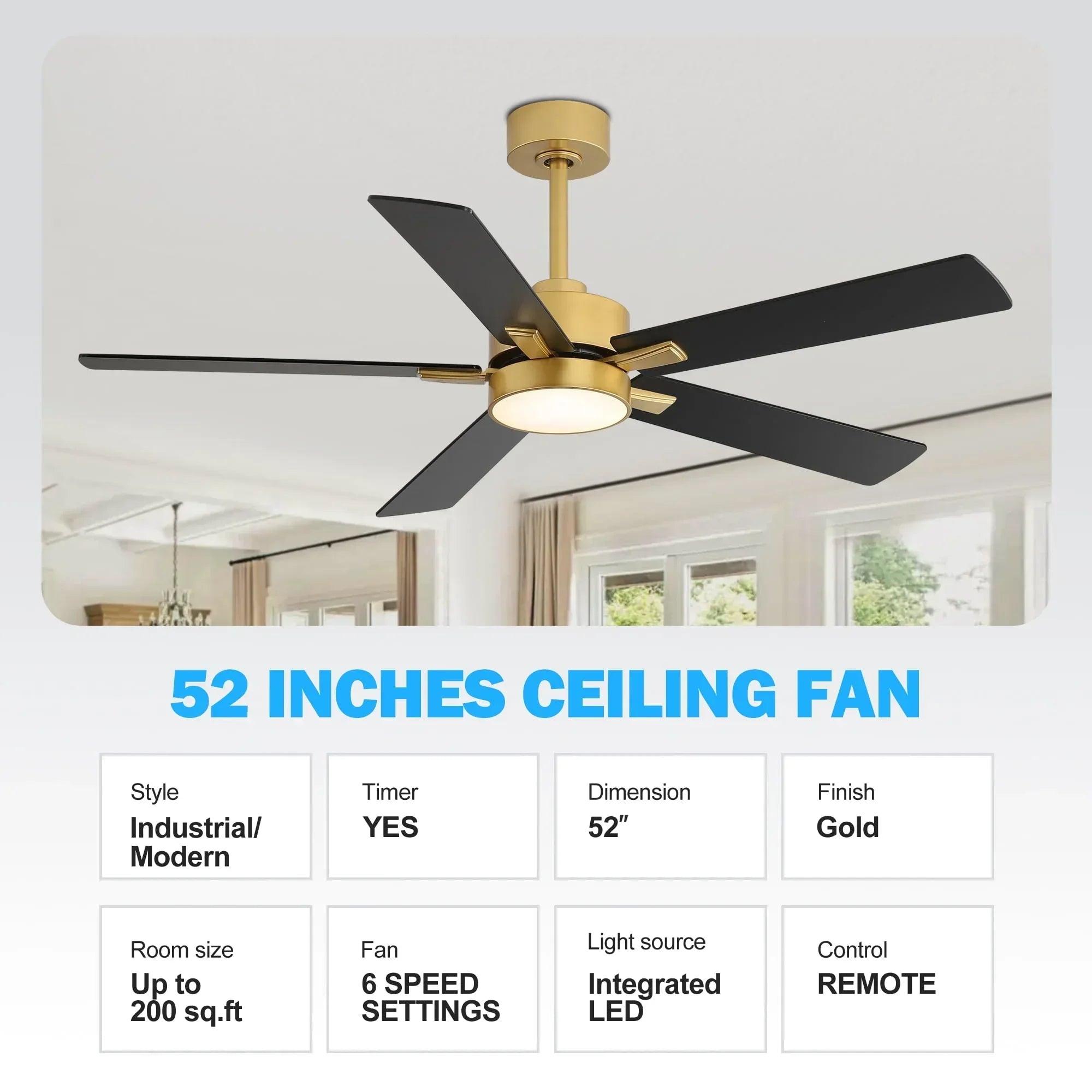 ALKAFY 52 inch Gold & Black LED Ceiling Fan with Remote - Adjustable Reversible Motor for Bedroom Living Room