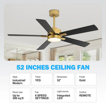 Gold and black ceiling fan with integrated LED light and five reversible blades