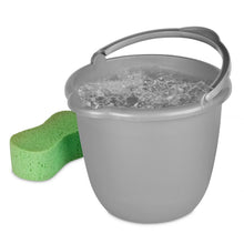 Gray spout pail filled with water, with handle and pour spout rim