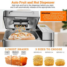Bread maker with automatic fruit and nut dispenser above baking pan and loaf options