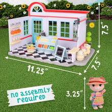 General store dollhouse playset with checkered floor, shelves, and counter accessories