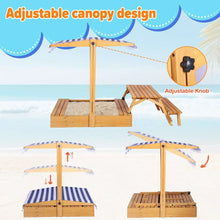 Wooden sandbox with adjustable striped canopy, roof height control and bench