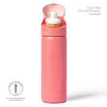 Coral pink flip-top water bottle with lid open, showing drink spout