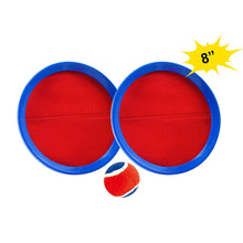 Two red toss-and-catch discs with blue rims and a red-and-blue ball.
