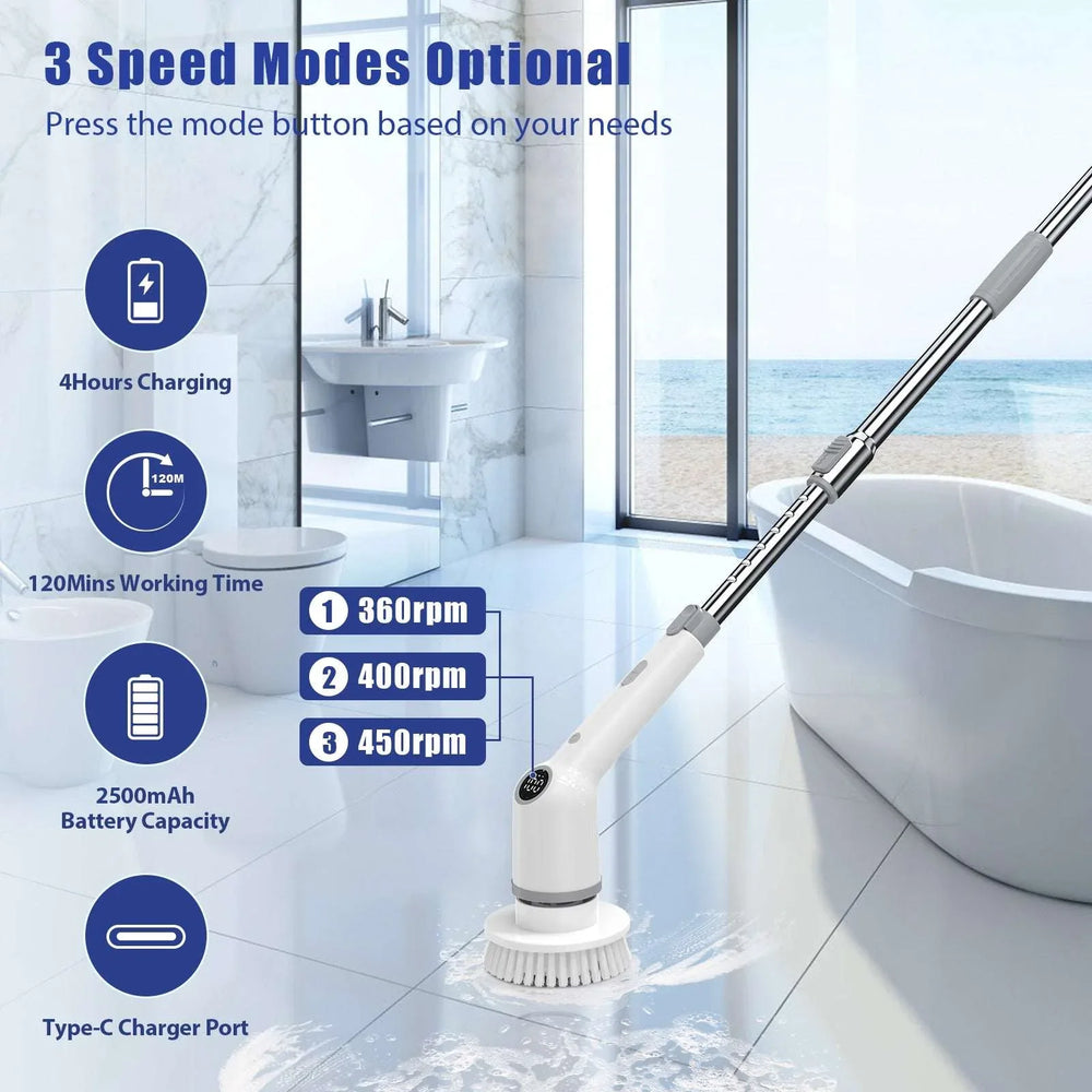 SZRSTH Electric Spin Scrubber, 450RPM Cordless Power Scrubber with Adjustable Handle 8 Heads Shower Cleaning Brush for Bathroom Floor - USA MEGA SHOP
