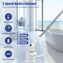 Cordless electric spin scrubber in bathroom with three speed modes and adjustable RPM