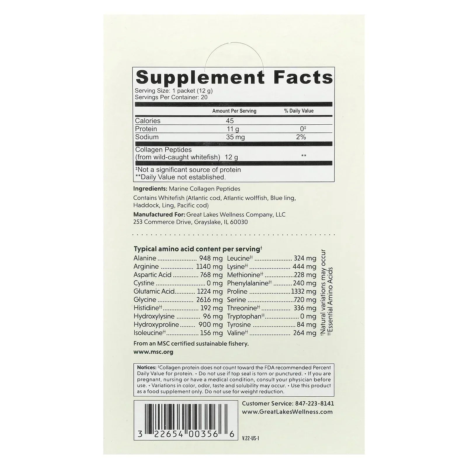 Great Lakes Wellness Sustainable Marine Collagen Peptides Powder for Skin, Hair, Nails, Joints & Digestion - Unflavored - Quick Dissolve Hydrolyzed, Wild Caught, MSC Certified, Non-GMO, Kosher - 16 oz