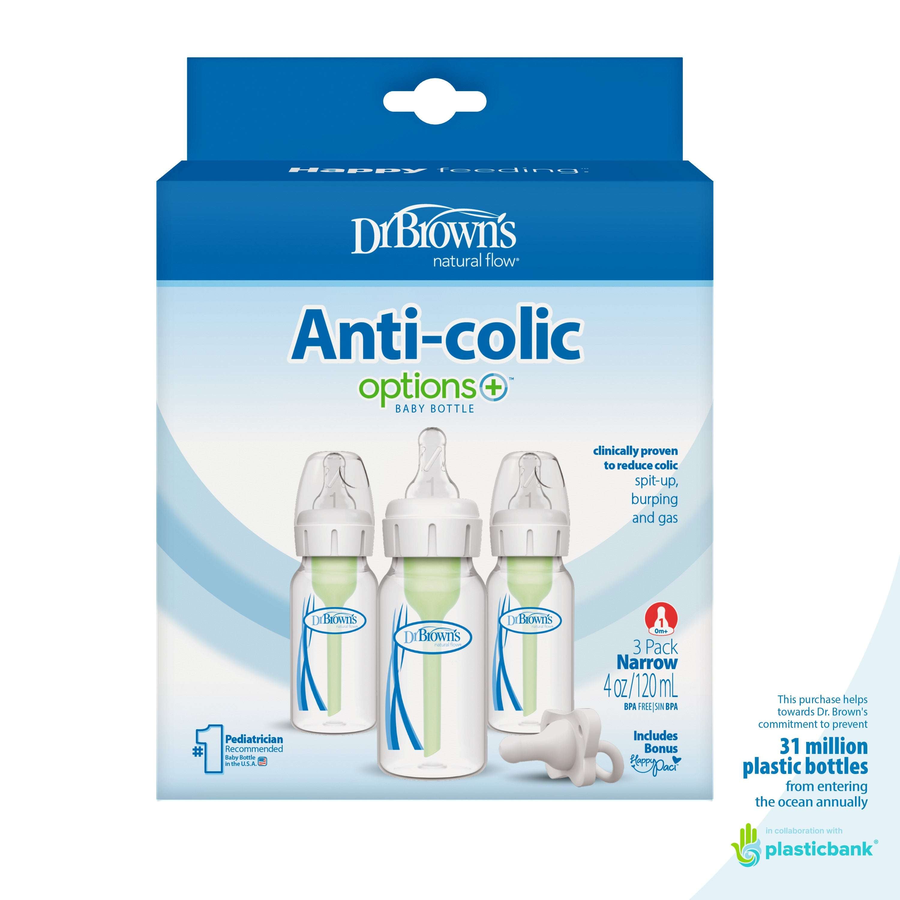 Dr. Brown’s Natural Flow Anti-Colic Options+ Narrow Baby Bottle, 4oz, Slow Flow, 0m+, 3 Pack