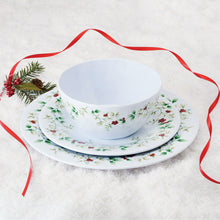 Melamine bowl and plate set with white base and green holly berry floral trim