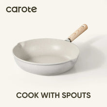 Nonstick skillet with pouring spouts and light wood handle, gray-silver speckled surface.