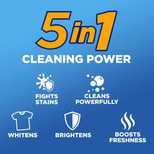 OxiClean 5-in-1 cleaning power graphic with cleaning icons.