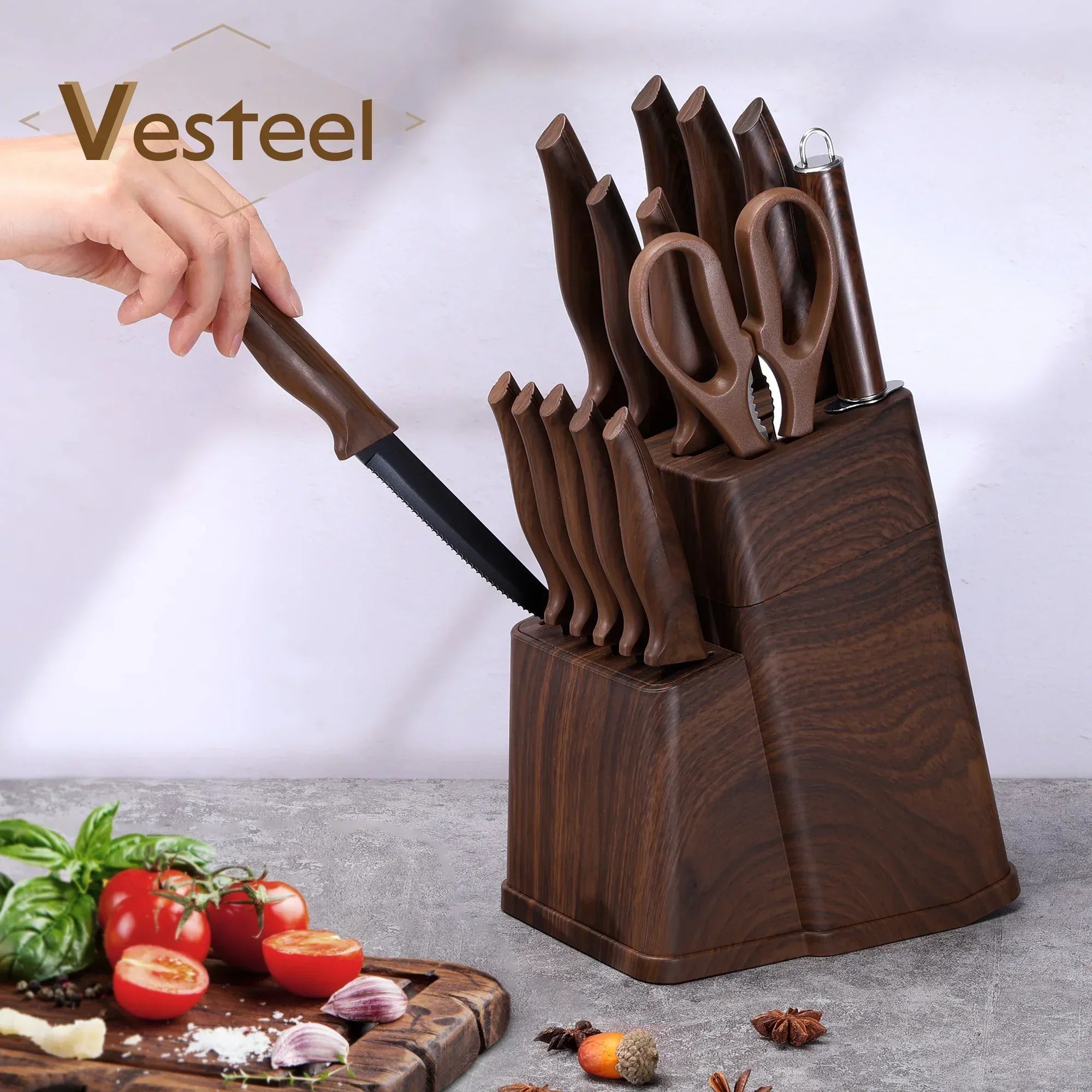 Vesteel Knife Set for Kitchen with Block, 15 Pcs High Carbon Stainless Steel Kitchen Knife Set with Self Sharpening - USA MEGA SHOP