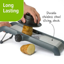 Adjustable chef’s mandoline slicer with stainless slicing deck and blade dial