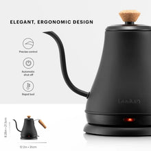 Electric gooseneck kettle base, matte black with red indicator light and cork lid