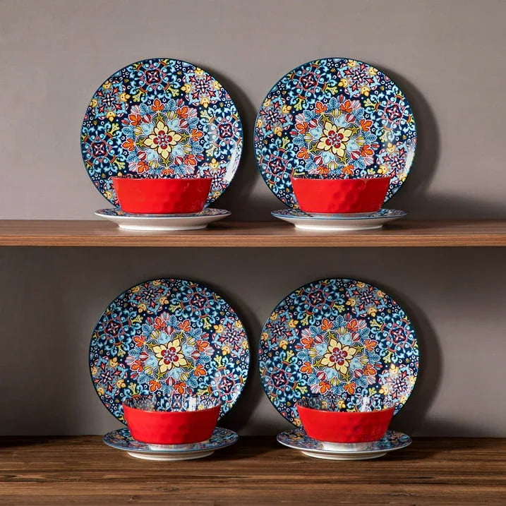Malacasa 12 Pcs Dinnerware Sets, Ceramic Plates and Bowls Set, Porcelain Tableware Dishwasher Microwave Safe, Serves for 4 People, Bohemian Dark Blue