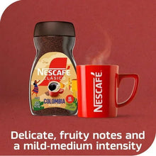 Instant coffee jar with red cup and filled coffee, medium roast Colombia