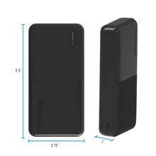 Black power bank front and side views, slim rectangular design with LED strip
