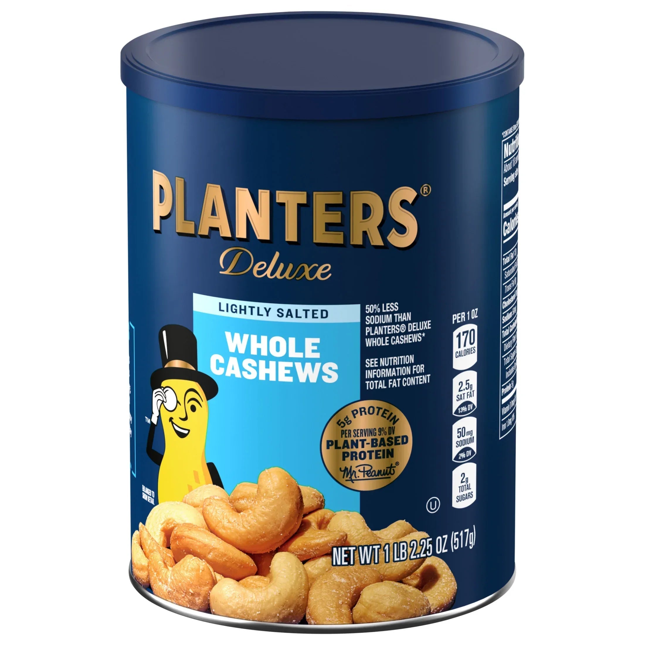 PLANTERS Deluxe Lightly Salted Whole Cashews, Party Snacks, Plant Based Protein, 18.25 oz Steel Can (1 Canister)