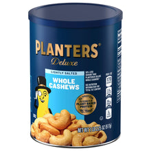 Blue steel canister of lightly salted whole cashews with mascot and nutrition icons
