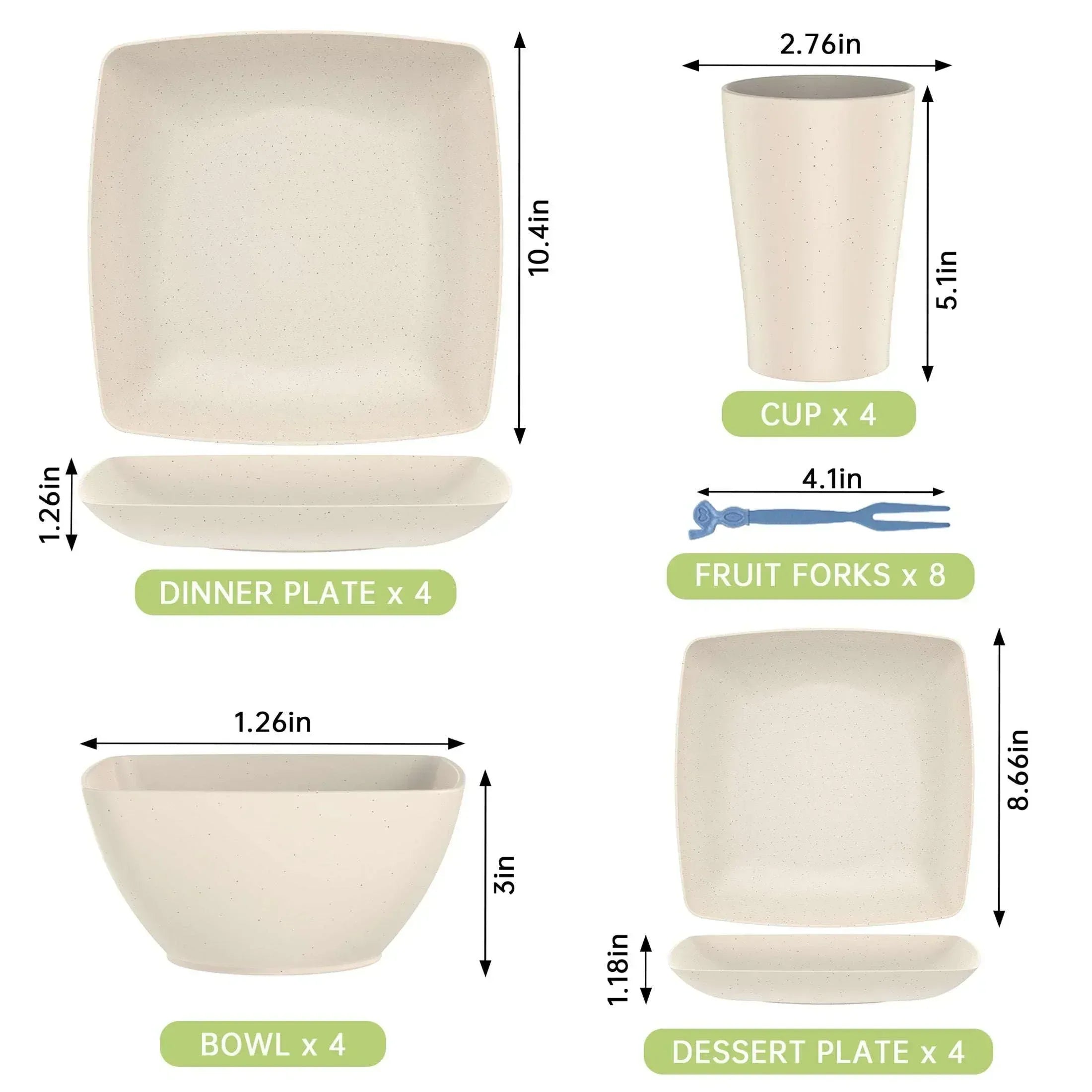 GPED 24 Pcs Wheat Straw Square Dinnerware Sets For 4, Unbreakable Dish Sets, Reusable Plates and Bowls Sets, Dinner Plates, Travel Camping Cutlery Set, Dishwasher Microwave Safe, Beige